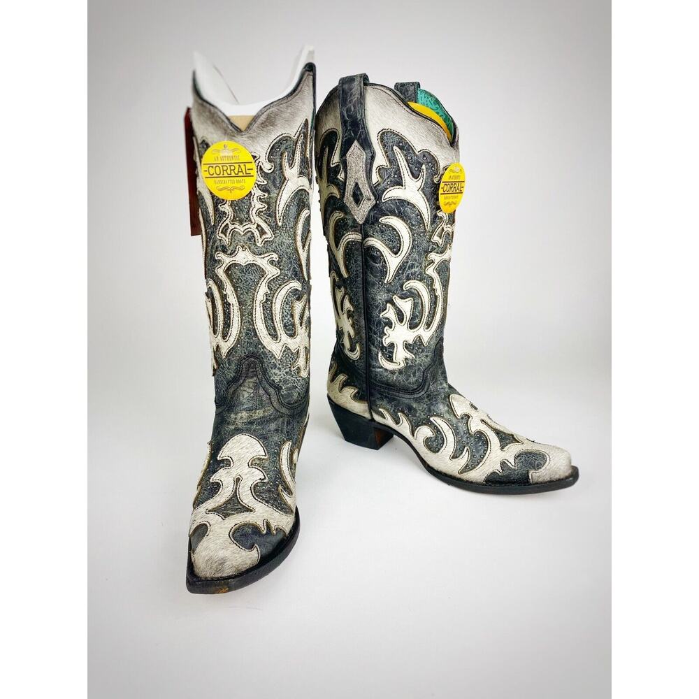 Corral Women’s C3587 Cowhide Black Leather Pointed Toe Western Cowboy Boots 8 M